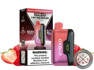 OXBAR Astro Maze 50K Sexy Strawberry disposable vape and box with strawberries