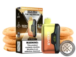 OXBAR Astro Maze 50K Snickerdiddler disposable vape and box with snickerdoodle cookies