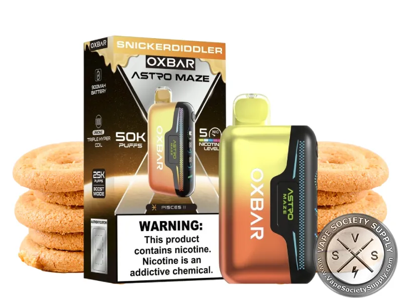 OXBAR Astro Maze 50K Snickerdiddler disposable vape and box with snickerdoodle cookies