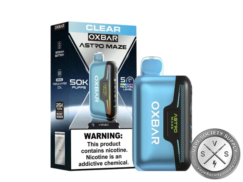 OXBAR Astro Maze 50K Clear disposable vape and box