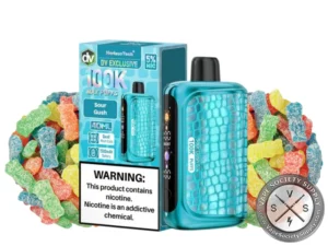 HorizonTech 100K Sour Gush disposable vape and box with sour gummy candies