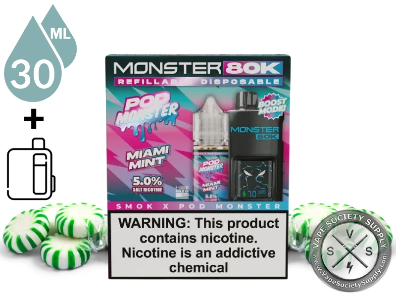 Pod Monster 80k Refillable Disposable Cool Strawberry Watermelon Bubblegum Miami Mint