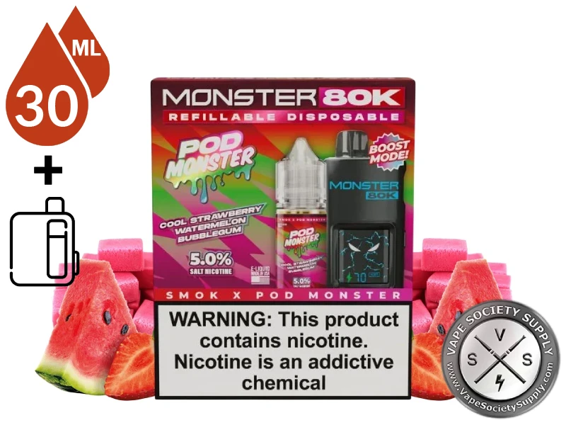 Pod Monster 80k Refillable Disposable Cool Strawberry Watermelon Bubblegum