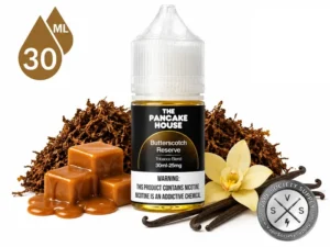 The Pancake House Butterscotch Reserve Salt 30mL e-liquid with butterscotch, vanilla, and tobacco flavor elements.