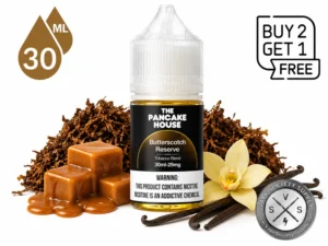 The Pancake House Butterscotch Reserve Salt Nic 30ml featuring tobacco blend, vanilla, and butterscotch flavors with Buy 2 Get 1 Free promotion.