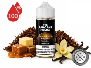The Pancake House Butterscotch Reserve 100mL e-liquid with butterscotch, vanilla, and tobacco flavor elements.