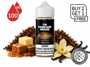 The Pancake House Butterscotch Reserve 100ml e-liquid featuring tobacco, vanilla, and butterscotch flavor notes with a Buy 2 Get 1 Free promotion.