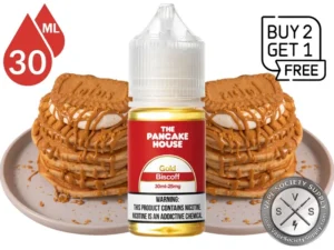 The Pancake House Gold Biscoff Salt Nic 30ml featuring cookie butter pancakes and Biscoff cookies with Buy 2 Get 1 Free promotion.