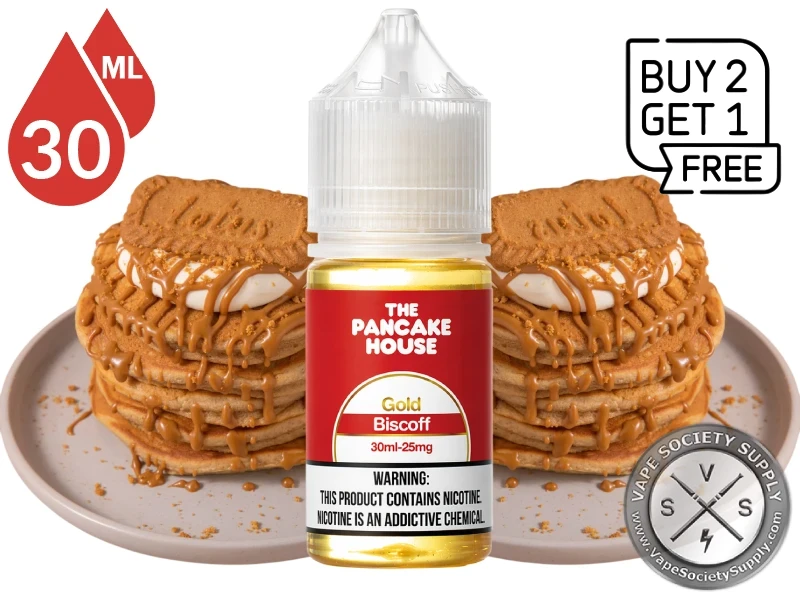 The Pancake House Gold Biscoff Salt Nic 30ml featuring cookie butter pancakes and Biscoff cookies with Buy 2 Get 1 Free promotion.