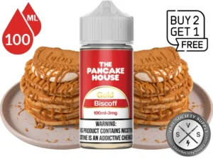 The Pancake House Gold Biscoff 100ml e-liquid surrounded by Biscoff cookies and cookie butter pancakes with Buy 2 Get 1 Free promotion.