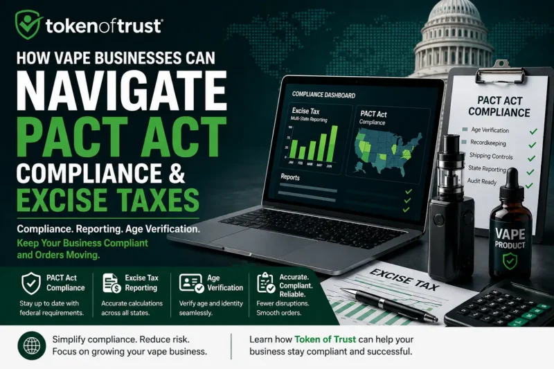 PACT Act compliance and excise tax guide for vape businesses featuring Token of Trust compliance platform