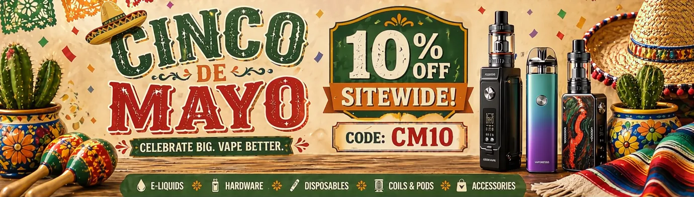 Cinco de Mayo promotional banner for Vape Society Supplies featuring colorful fiesta decorations, vape devices, and text offering 10% off sitewide with code CM10.