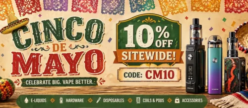 Festive holiday sale graphic for Vape Society Supplies showcasing Cinco de Mayo decorations, vape products, and a 10% sitewide discount using code CM10.