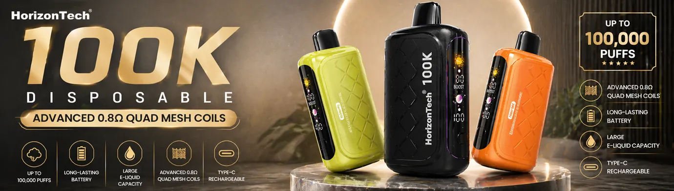 HorizonTech 100K disposable vape banner featuring three devices on a premium podium with gold accents and advanced 0.8Ω quad mesh coils text.