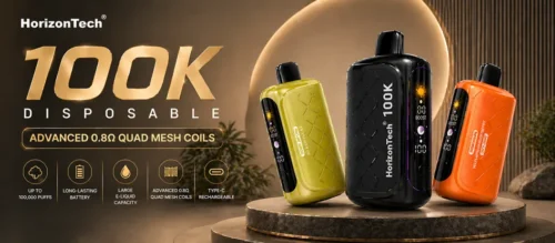 HorizonTech 100K disposable vape 16:9 banner with three devices, premium black and gold background, and feature highlights.