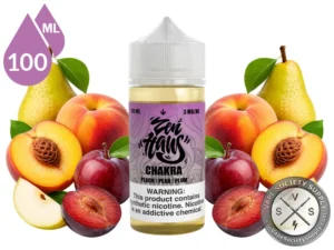 Chakra Zen Haus peach pear plum vape juice with fresh fruit.