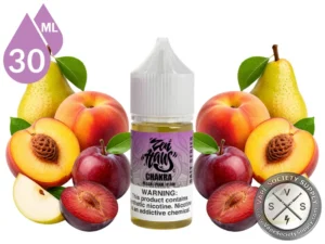 Chakra Zen Haus Salt peach pear plum nicotine salt with fresh fruit.