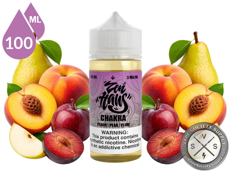 Chakra Zen Haus peach pear plum vape juice with fresh fruit.