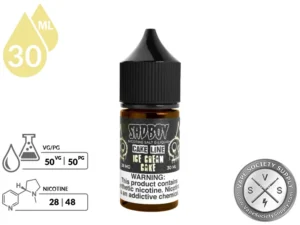 Ice Cream Cake SADBOY Cake Line Salt specifications showing 50VG/50PG blend and nicotine strengths.