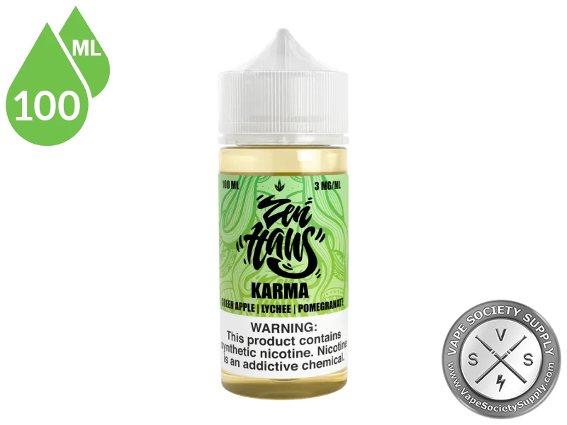 Karma Zen Haus 100ml freebase vape juice bottle with 70VG 30PG ratio.