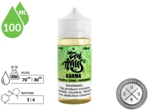 Karma Zen Haus 100ml vape juice featuring green apple, lychee, and pomegranate flavor.