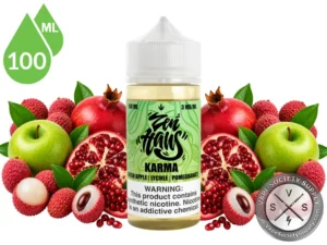 Karma Zen Haus green apple lychee pomegranate vape juice with fresh fruit.
