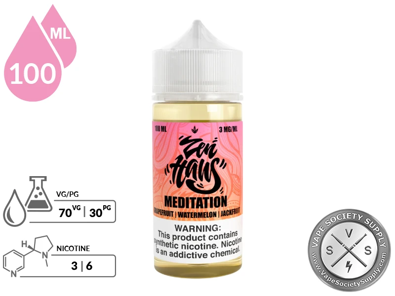Meditation Zen Haus 100ml synthetic nicotine vape juice bottle with 70VG 30PG ratio.