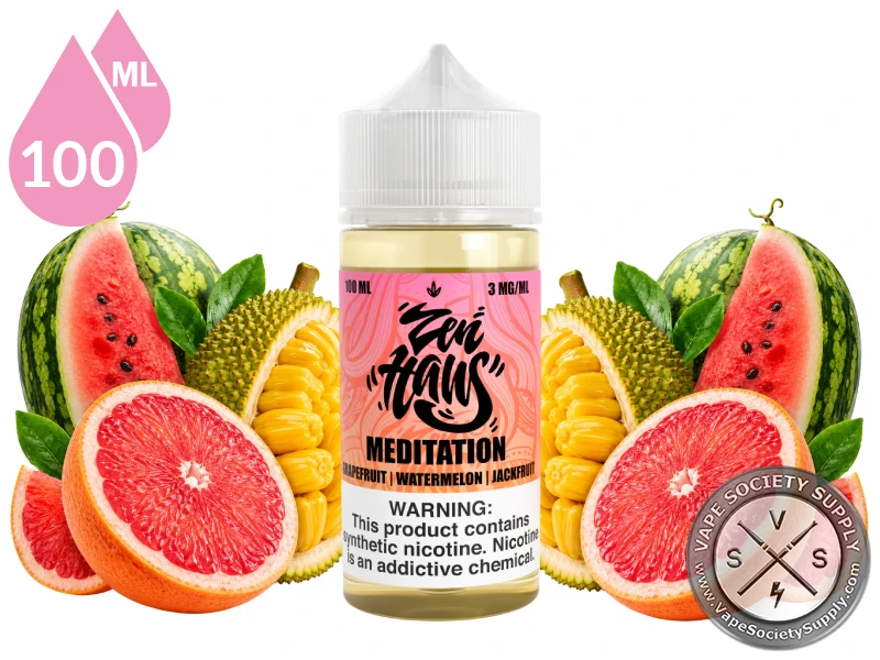 Meditation Zen Haus grapefruit watermelon jackfruit vape juice with fresh fruit.
