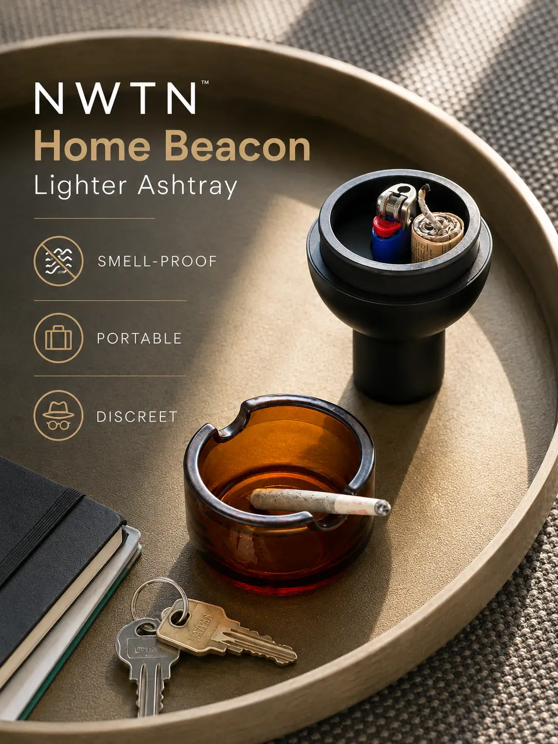 NWTN Home Beacon Lighter Ashtray displayed on a premium tray with integrated lighter and hemp wick holder, smell-proof design, and borosilicate glass ashtray in Baltic Amber.
