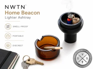 NWTN Home Beacon Lighter Ashtray featuring a smell-proof storage compartment, integrated lighter and hemp wick holder, and Baltic Amber borosilicate glass ashtray.