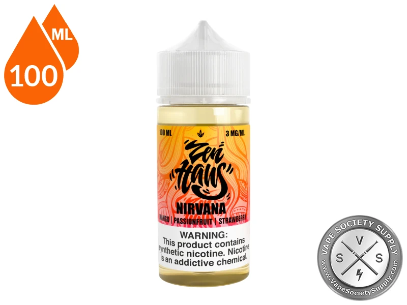 Nirvana Zen Haus 100ml vape juice featuring mango, passionfruit, and strawberry flavor.