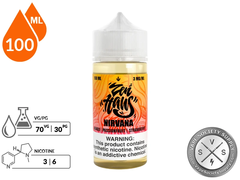 Nirvana Zen Haus 100ml synthetic nicotine vape juice bottle with 70VG 30PG ratio.