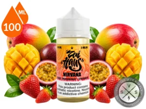 Nirvana Zen Haus mango passionfruit strawberry vape juice with fresh tropical fruit.