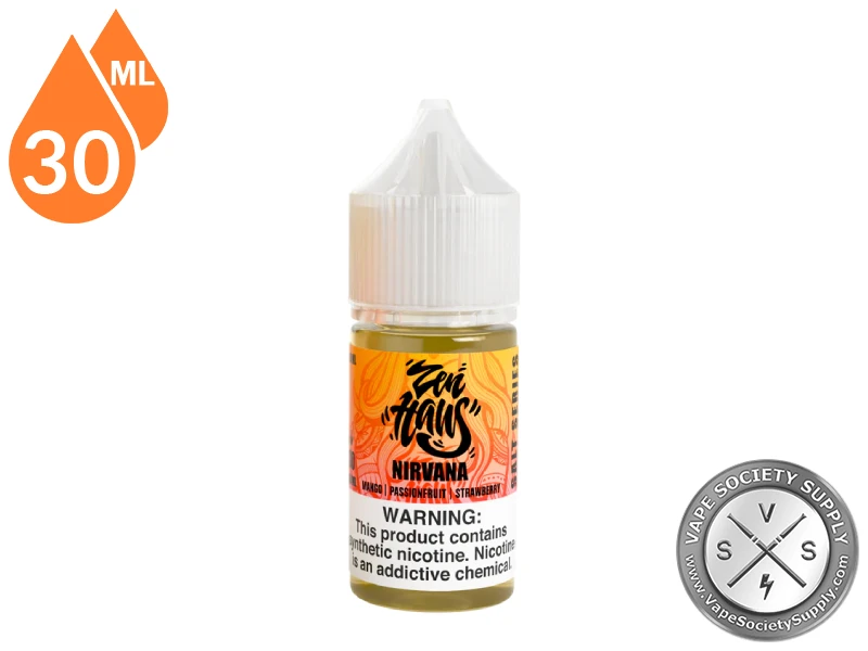 Nirvana Zen Haus Salt 30ml nicotine salt vape juice featuring mango, passionfruit, and strawberry flavor.