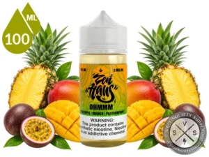 Ohmmm Zen Haus pineapple mango passionfruit vape juice with fresh tropical fruit.