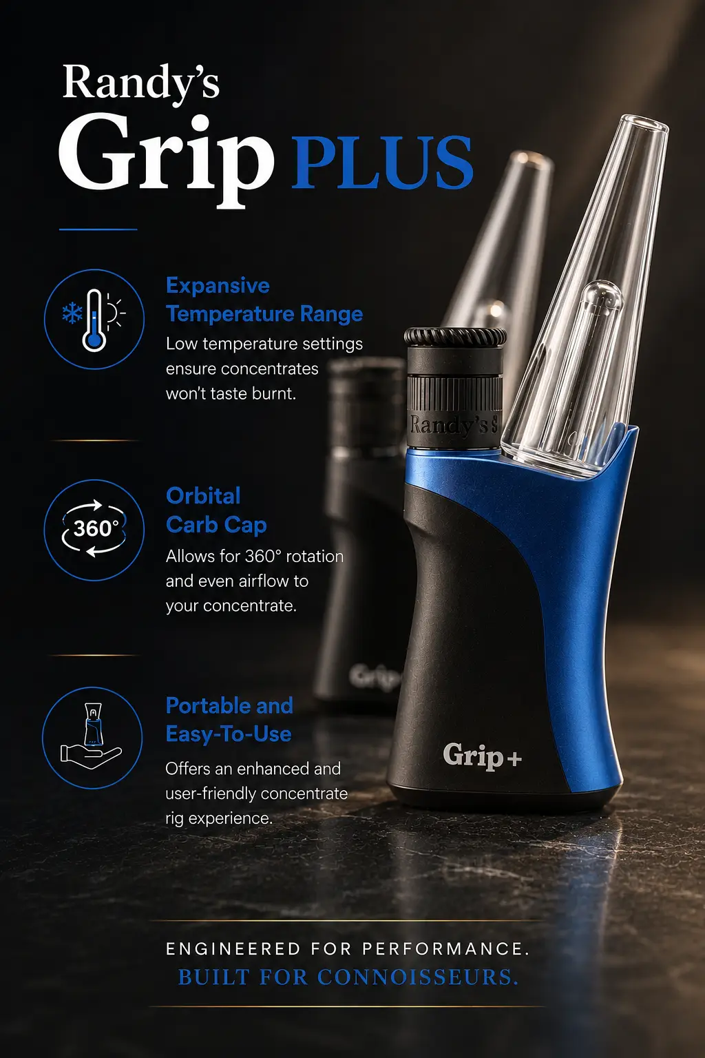 Randy’s Grip PLUS concentrate vaporizer featuring an orbital carb cap, wide temperature range, and portable ergonomic design for concentrate enthusiasts.