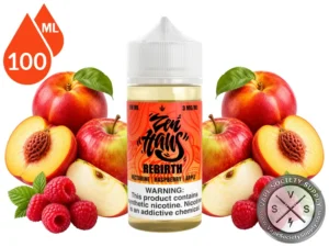 Rebirth Zen Haus nectarine raspberry apple vape juice with fresh fruit.
