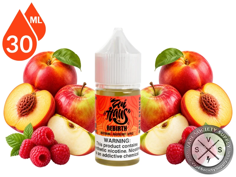 Rebirth Zen Haus Salt nectarine raspberry apple menthol nicotine salt with fresh fruit.