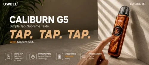 UWELL Caliburn G5 starter kit banner featuring triple-tap controls and long-lasting battery life