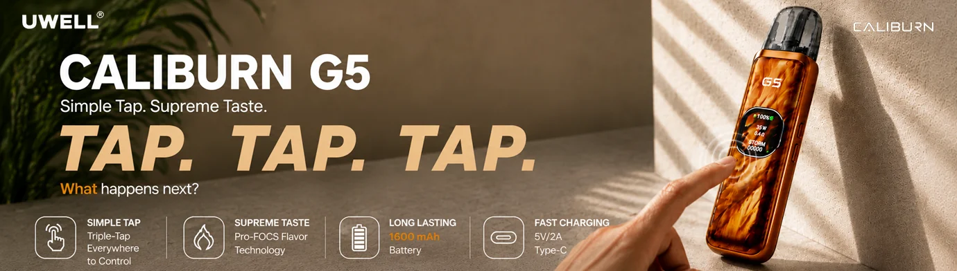 Uwell Caliburn G5 pod system with smart triple-tap control and 1600mAh battery feature banner