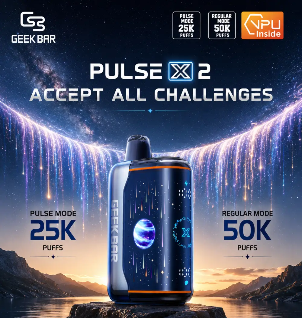 Geek Bar Pulse X2 disposable vape promotional image featuring a galaxy-themed device design with dual vaping modes, up to 25,000 puffs in Pulse Mode and up to 50,000 puffs in Regular Mode.