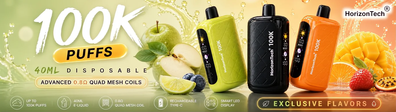HorizonTech 100K high capacity disposable vape with fruit flavors and rechargeable design