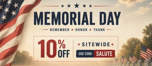Memorial Day promotional banner with American flag design and 10% off sitewide sale using code SALUTE.