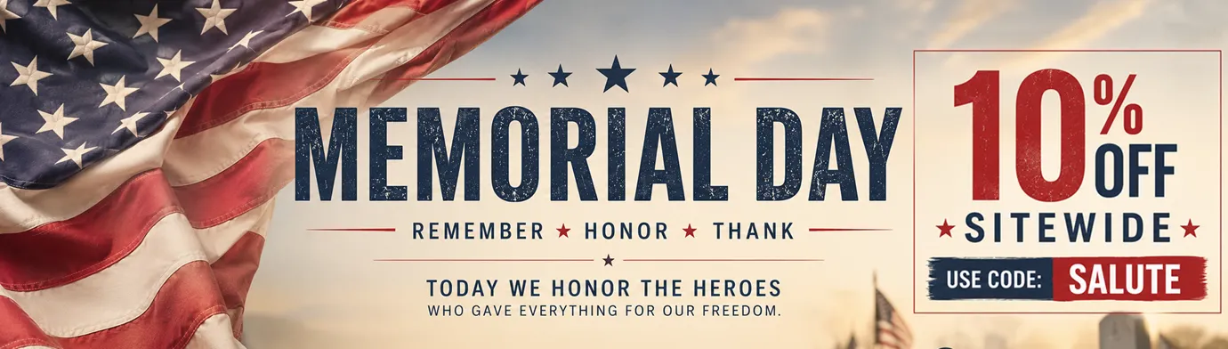 Memorial Day sale banner featuring 10% off sitewide with code SALUTE and patriotic American flag design.