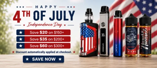 Mobile 4th of July vape sale banner with automatic savings offers, patriotic theme, vape devices, and e-liquid bottles.