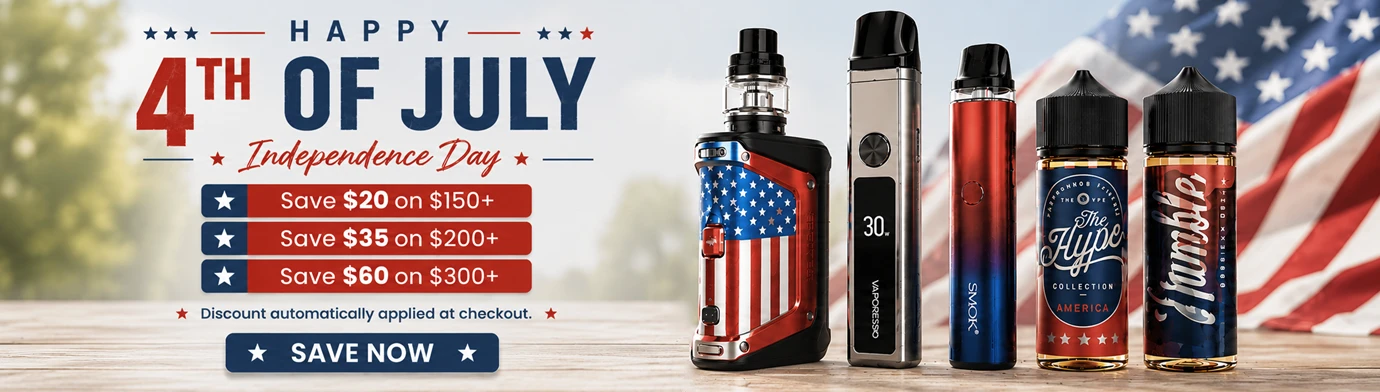 4th of July vape sale banner featuring patriotic red, white, and blue design with tiered savings, vape devices, and premium e-liquid bottles.