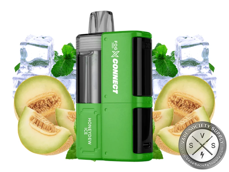 FOG X Connect 30K Disposable Kit in Honeydew Ice flavor with fresh honeydew melon, mint leaves, and ice cubes.