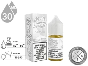 Flavorless CLOUD NURDZ SALTS 30ml vape juice specifications showing 50VG/50PG blend and nicotine strengths.