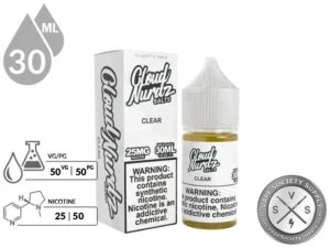 Clear CLOUD NURDZ Salts 30ml nicotine salt vape juice showing 50VG/50PG ratio and nicotine strengths.