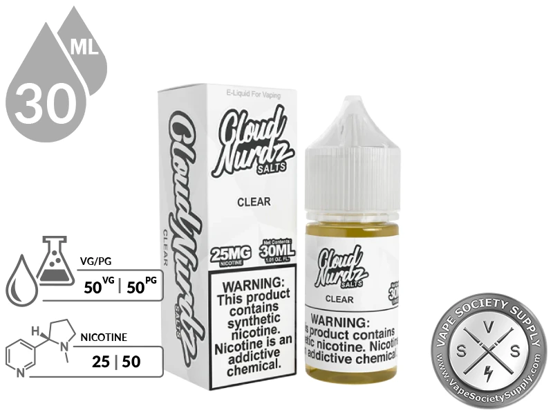 Clear CLOUD NURDZ Salts 30ml nicotine salt vape juice showing 50VG/50PG ratio and nicotine strengths.